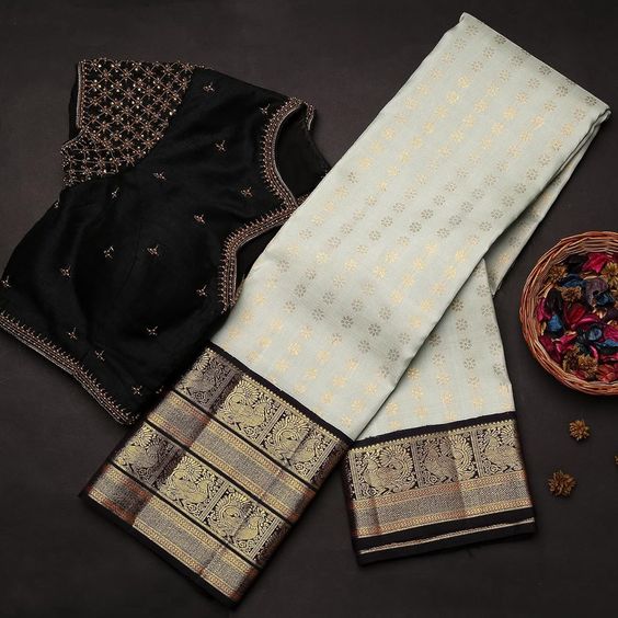 White & Black Color Rangoli Silk Hand Embroidery Saree With Blouse