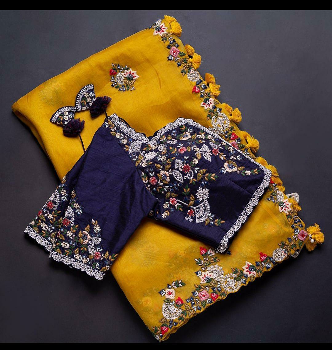 Yellow Colour Embroidery And Thread Work Designer Saree With Blouse