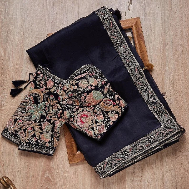 Navy Blue Color Rangoli Silk Hand Embroidery Saree With Blouse