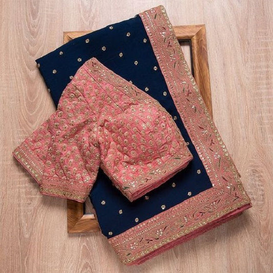 Navy Blue Color Rangoli Silk Hand Embroidery Saree With Blouse