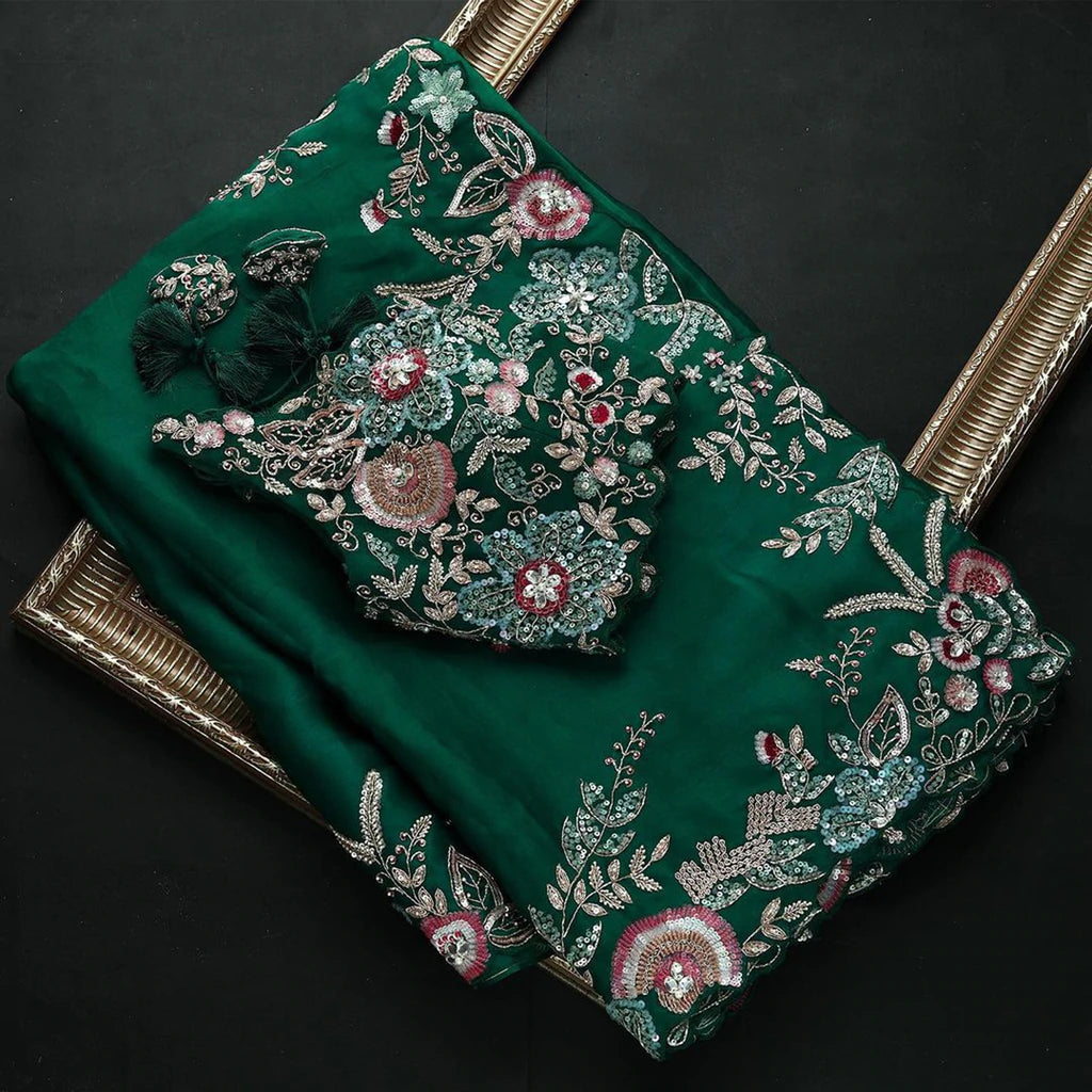 Beautiful Look Green Colored Heavy Blouse Embroidery Saree With Blouse