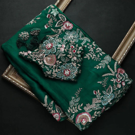 Beautiful Look Green Colored Heavy Blouse Embroidery Saree With Blouse