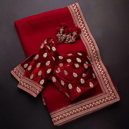 Red Colour Rangoli Silk Embroidery And Thread Work Saree With Blouse