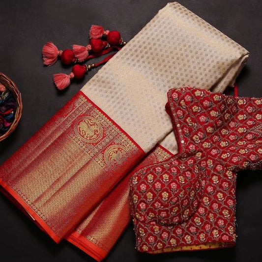 Beigh & Red Color Rangoli Silk Hand Embroidery Saree With Blouse