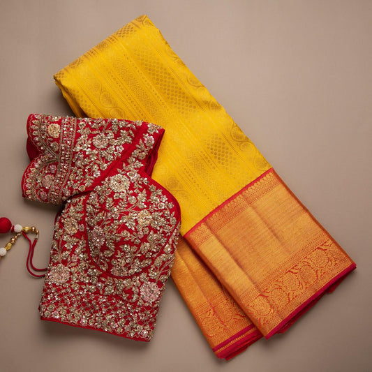 Improbable Yellow Soft Banarasi Silk Saree With Exuberant Blouse Piece