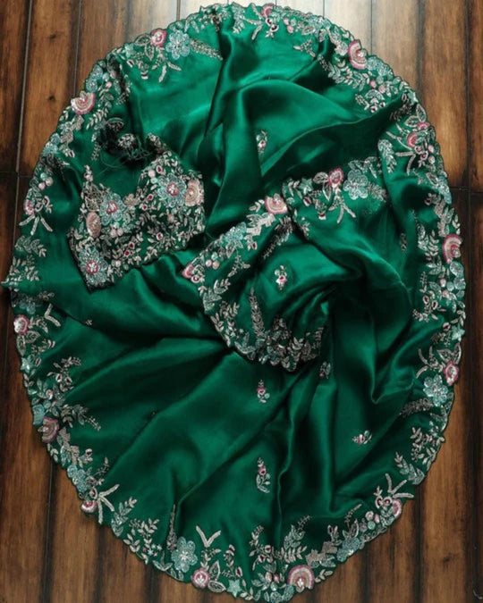 Beautiful Look Green Colored Heavy Blouse Embroidery Saree With Blouse