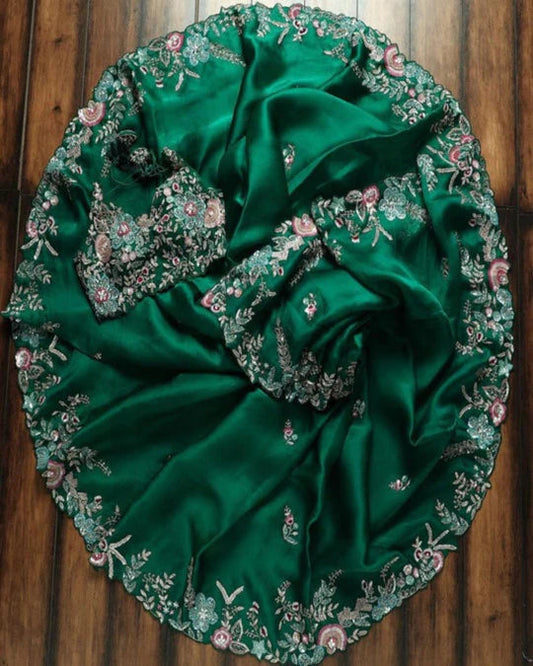 Beautiful Look Green Colored Heavy Blouse Embroidery Saree With Blouse