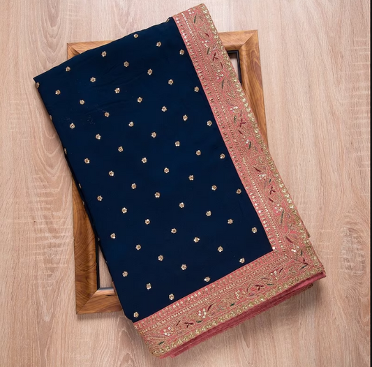 Navy Blue Color Rangoli Silk Hand Embroidery Saree With Blouse