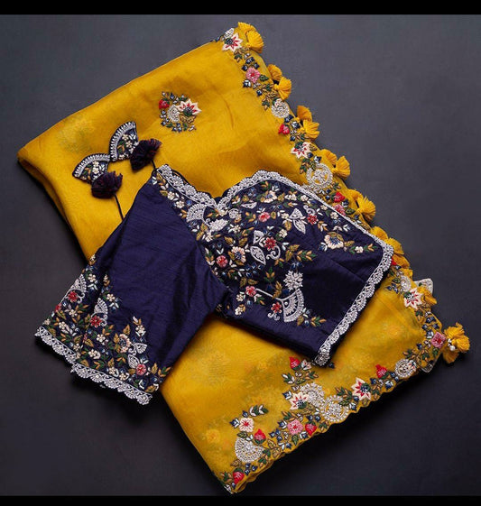 Yellow Colour Embroidery And Thread Work Designer Saree With Blouse